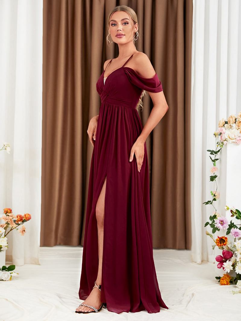 Γυναικείο Φόρεμα Σιφόν Μπορντό Cold Shoulder Crossover High-slit Prom Maxi Φορέματα - Βουργουνδία