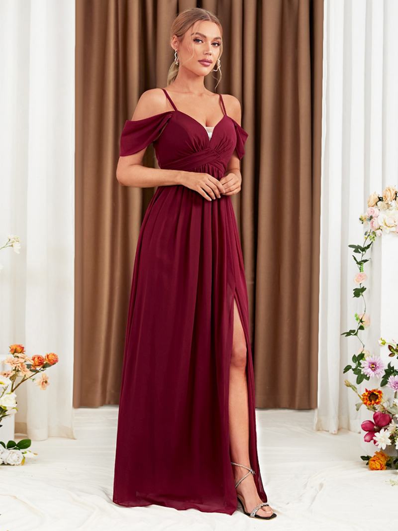 Γυναικείο Φόρεμα Σιφόν Μπορντό Cold Shoulder Crossover High-slit Prom Maxi Φορέματα - Βουργουνδία