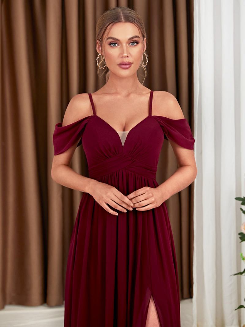 Γυναικείο Φόρεμα Σιφόν Μπορντό Cold Shoulder Crossover High-slit Prom Maxi Φορέματα - Βουργουνδία