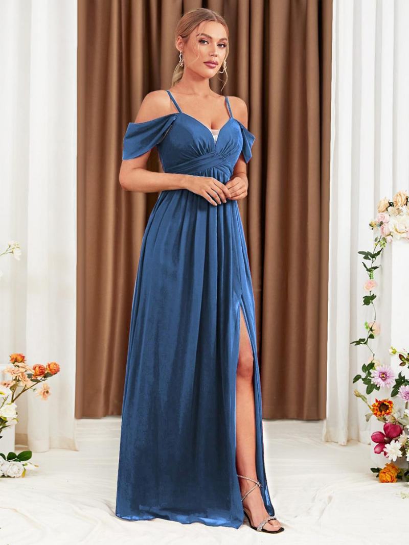 Γυναικείο Φόρεμα Σιφόν Μπορντό Cold Shoulder Crossover High-slit Prom Maxi Φορέματα - Μπλε