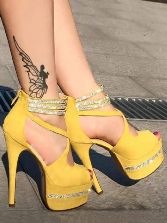 Κίτρινα Σέξι Σανδάλια Peep Toe Stiletto Heel Nubuck Rhinestones Γυναικεία Παπούτσια