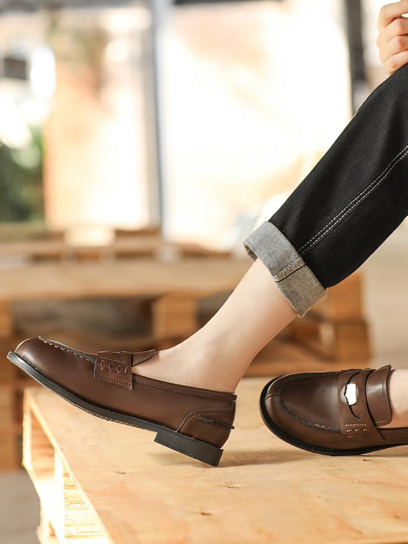 Καφέ Slip On Loafers Γυναικείες Στρογγυλές Μοκέτες Με Σχέδιο Penny - Καφέ Καφέ