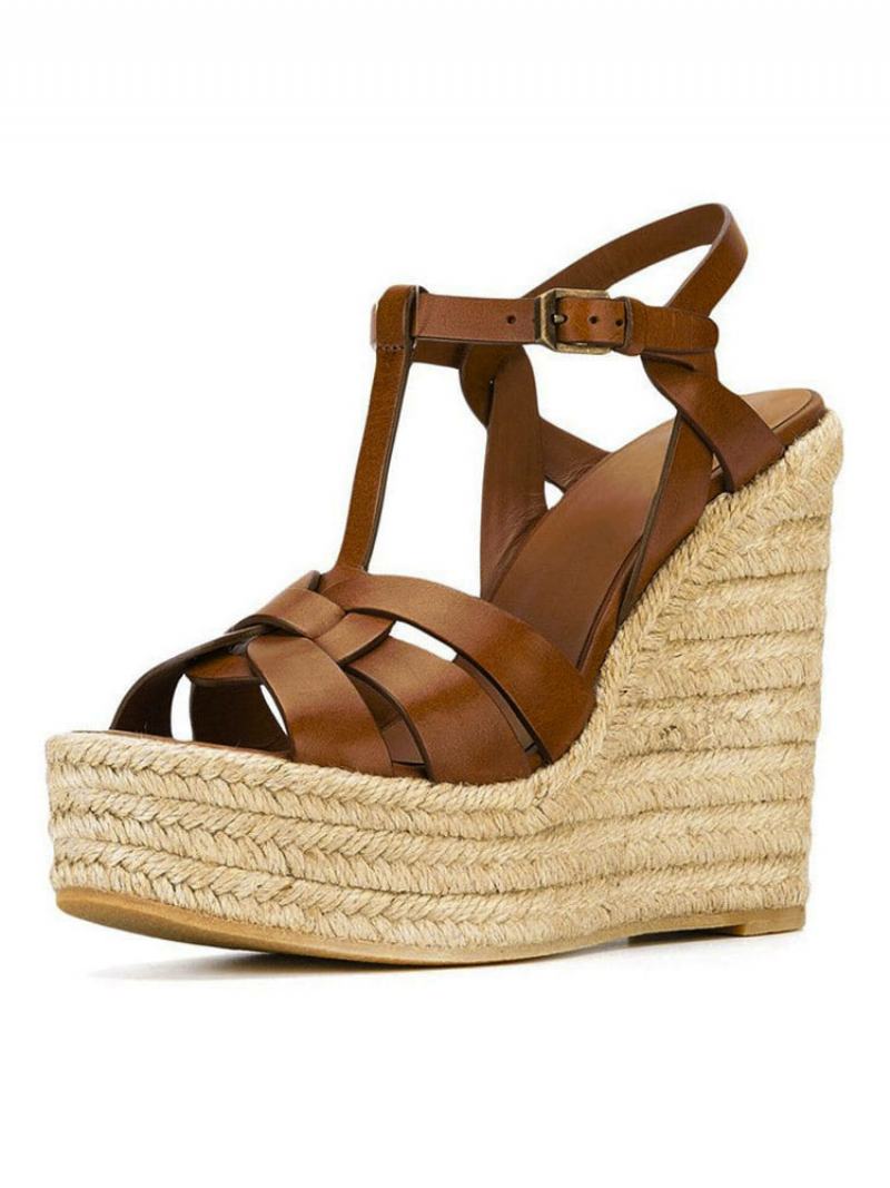 Καφέ Wedge Σανδάλια Γυναικεία Πλατφόρμα Pu Woven T Strap Παπούτσια