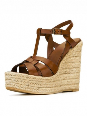 Καφέ Wedge Σανδάλια Γυναικεία Πλατφόρμα Pu Woven T Strap Παπούτσια