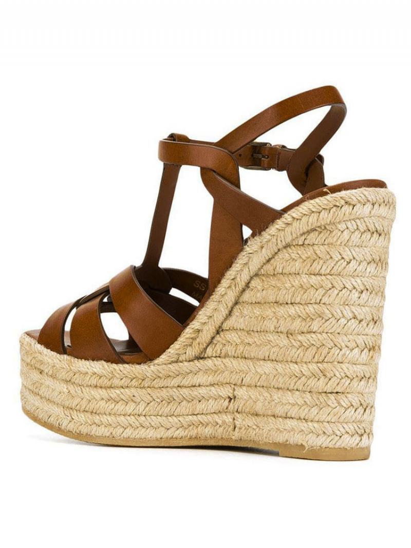 Καφέ Wedge Σανδάλια Γυναικεία Πλατφόρμα Pu Woven T Strap Παπούτσια - Καφέ Καφέ