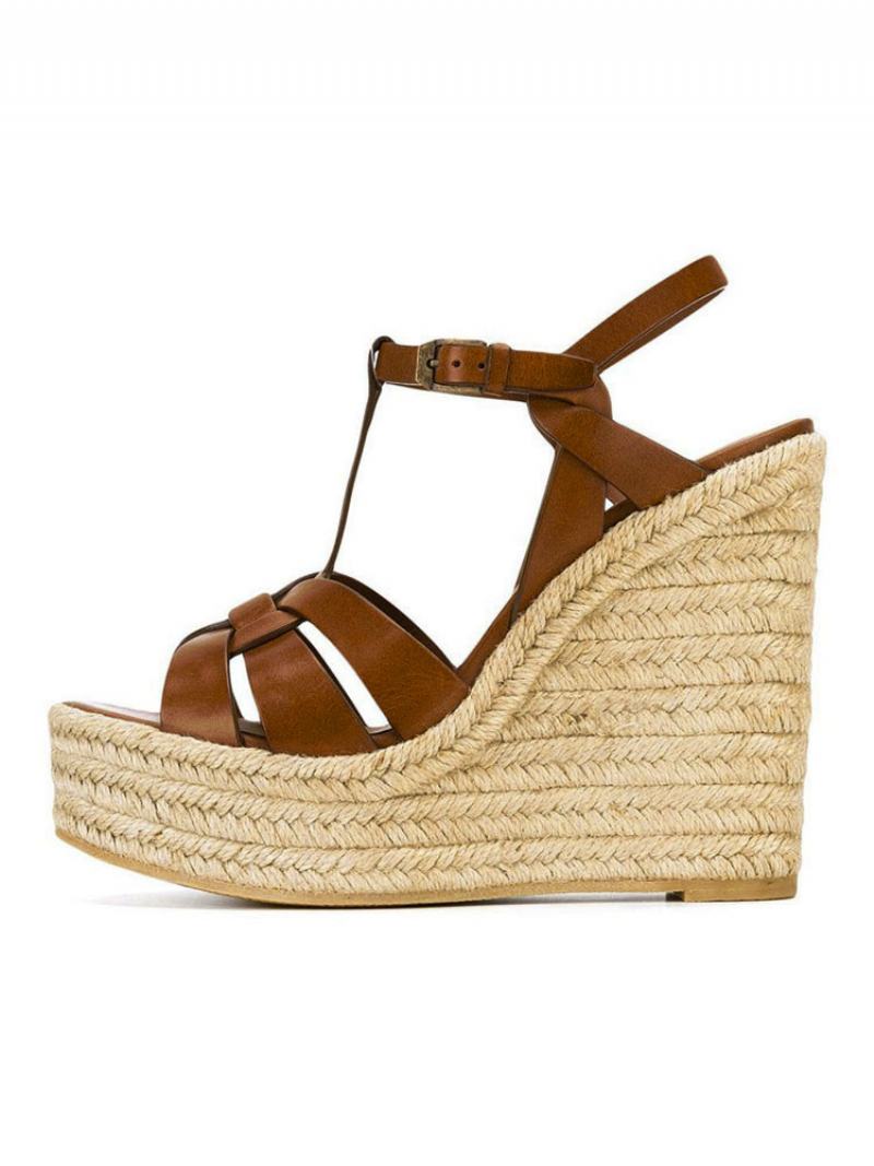 Καφέ Wedge Σανδάλια Γυναικεία Πλατφόρμα Pu Woven T Strap Παπούτσια - Καφέ Καφέ