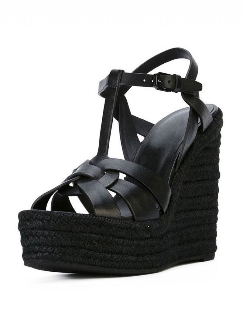 Καφέ Wedge Σανδάλια Γυναικεία Πλατφόρμα Pu Woven T Strap Παπούτσια - Μαύρο