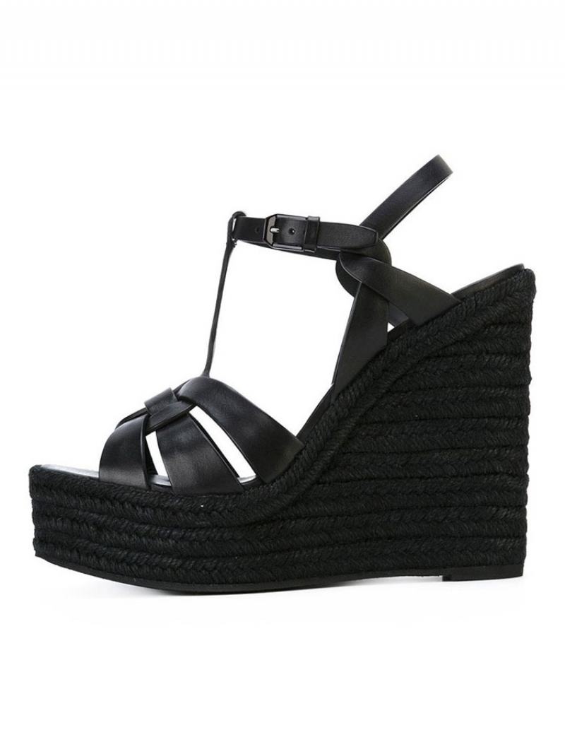 Καφέ Wedge Σανδάλια Γυναικεία Πλατφόρμα Pu Woven T Strap Παπούτσια - Μαύρο