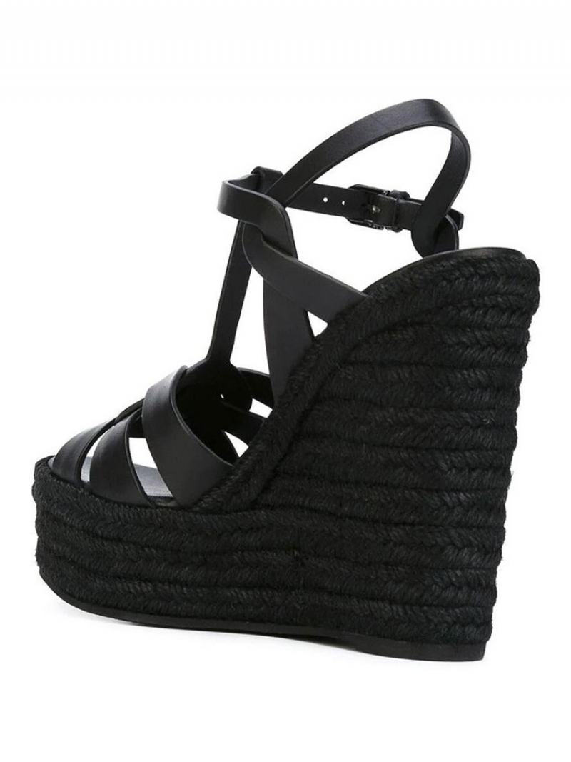 Καφέ Wedge Σανδάλια Γυναικεία Πλατφόρμα Pu Woven T Strap Παπούτσια - Μαύρο