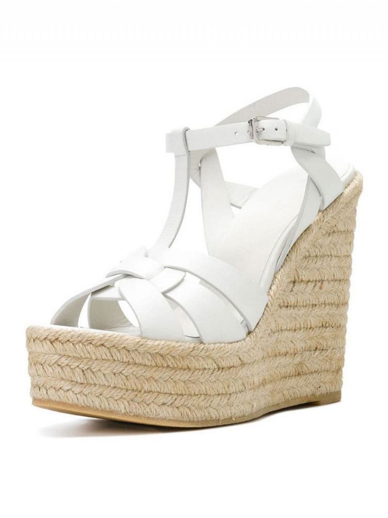 Καφέ Wedge Σανδάλια Γυναικεία Πλατφόρμα Pu Woven T Strap Παπούτσια - Λευκό