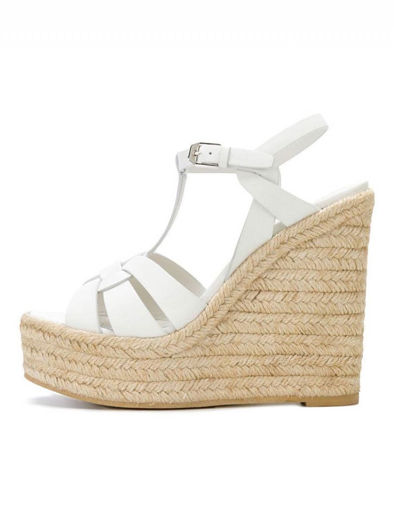 Καφέ Wedge Σανδάλια Γυναικεία Πλατφόρμα Pu Woven T Strap Παπούτσια - Λευκό