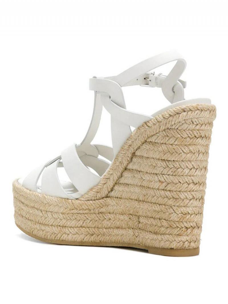 Καφέ Wedge Σανδάλια Γυναικεία Πλατφόρμα Pu Woven T Strap Παπούτσια - Λευκό