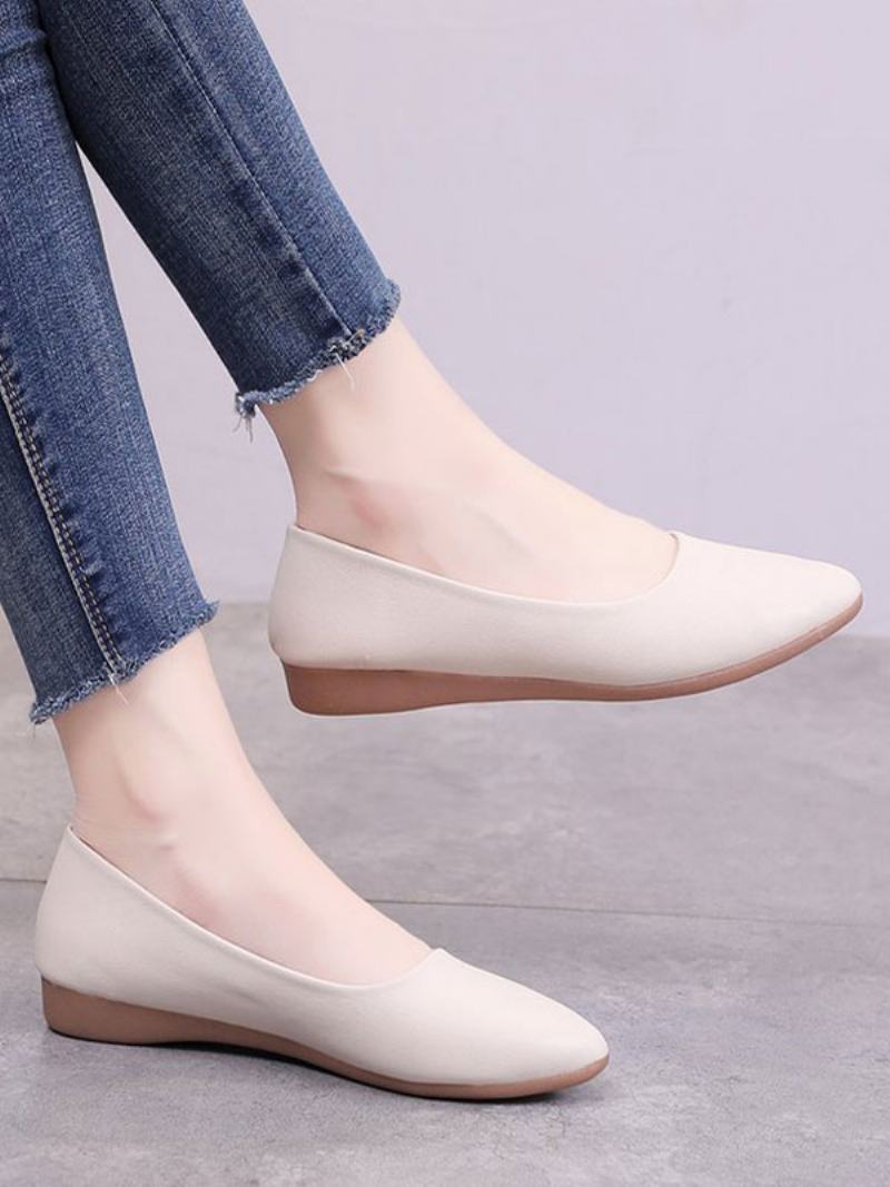 Λευκά Flat Παπούτσια Γυναικεία Μυτερά Slip-on Pu Δερμάτινα Flats Ballerina - Μπεζ