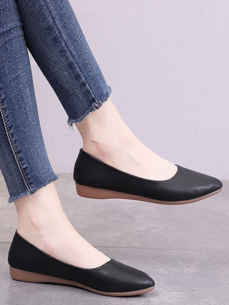 Λευκά Flat Παπούτσια Γυναικεία Μυτερά Slip-on Pu Δερμάτινα Flats Ballerina - Μαύρο