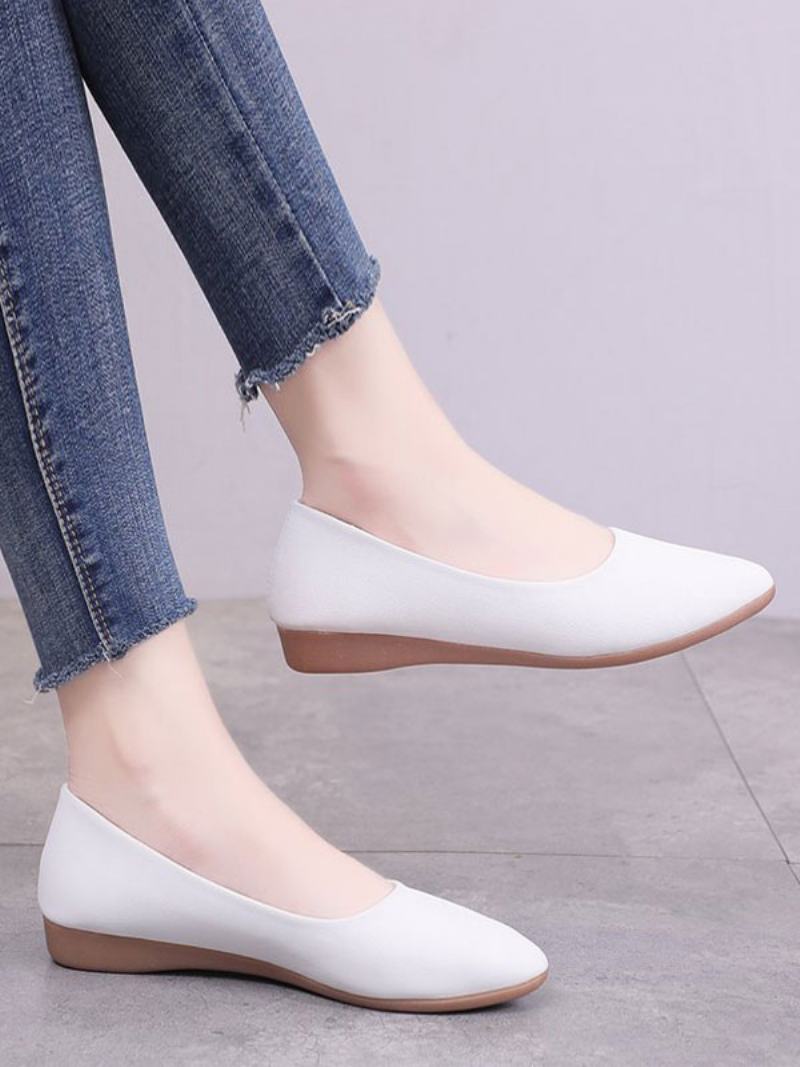 Λευκά Flat Παπούτσια Γυναικεία Μυτερά Slip-on Pu Δερμάτινα Flats Ballerina - Λευκό