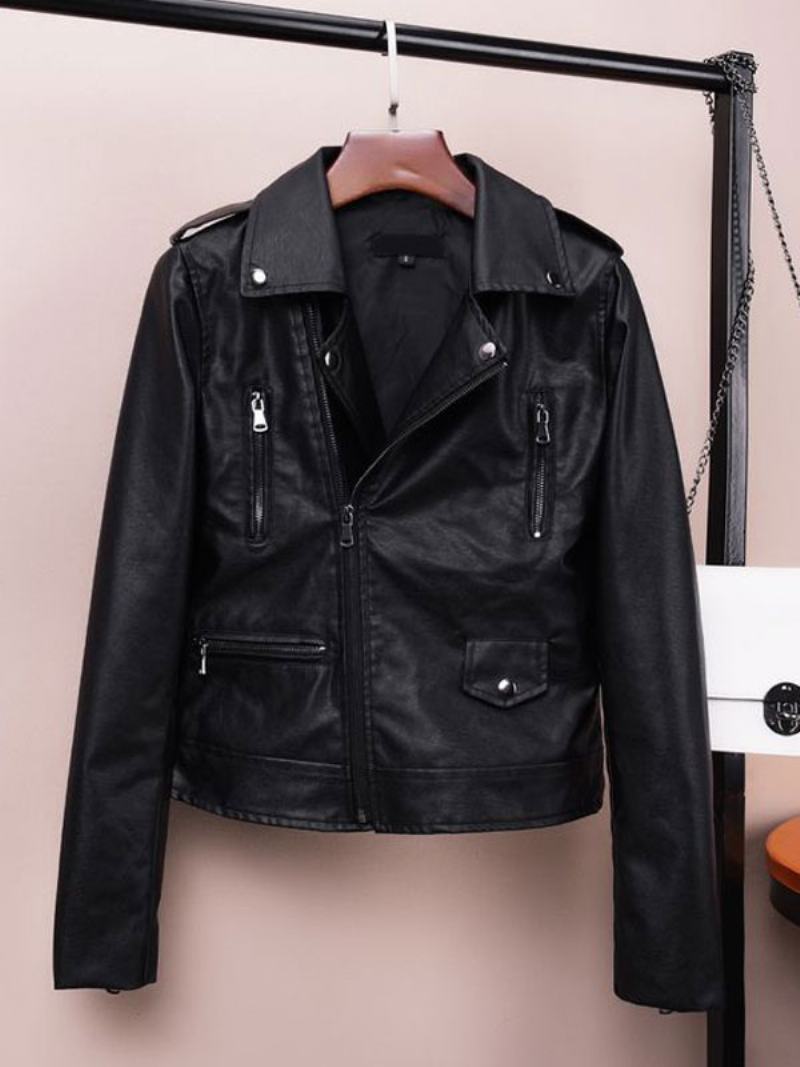 Λευκό Moto Jacket Turndown Collar Pu Δερμάτινο Ανοιξιάτικο Εξωτερικό Γυναικείο - Μαύρο