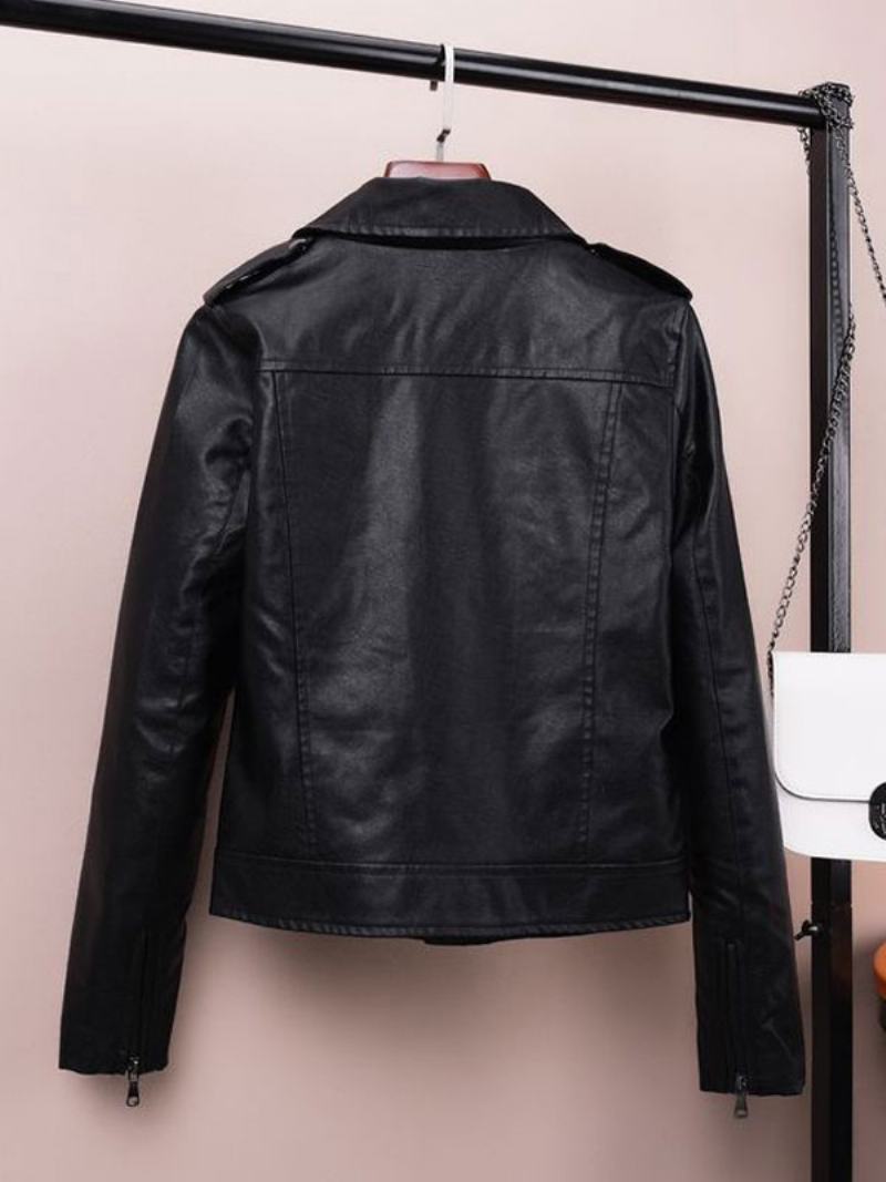 Λευκό Moto Jacket Turndown Collar Pu Δερμάτινο Ανοιξιάτικο Εξωτερικό Γυναικείο - Μαύρο