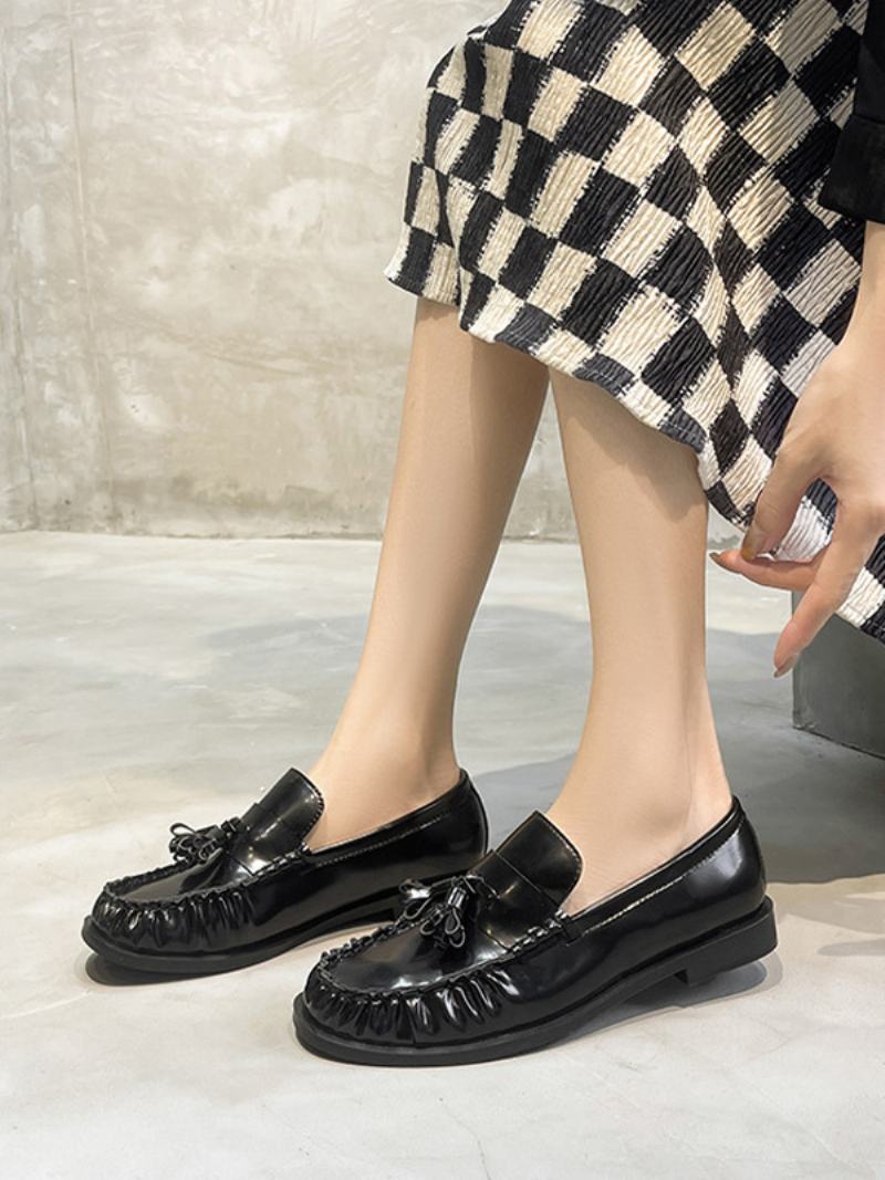 Μαύρα Loafers Γυναικεία Puppy Heel Slip On Με Φούντες