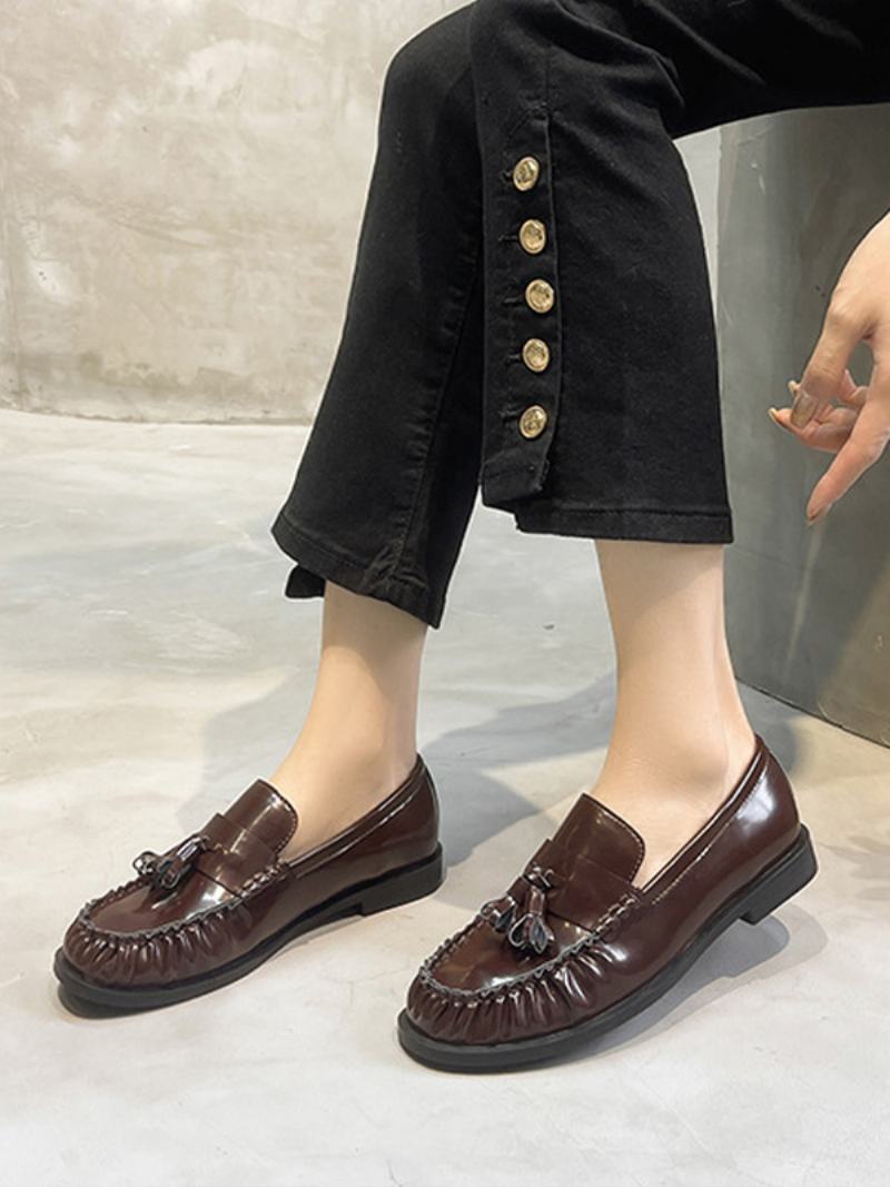 Μαύρα Loafers Γυναικεία Puppy Heel Slip On Με Φούντες - Βουργουνδία