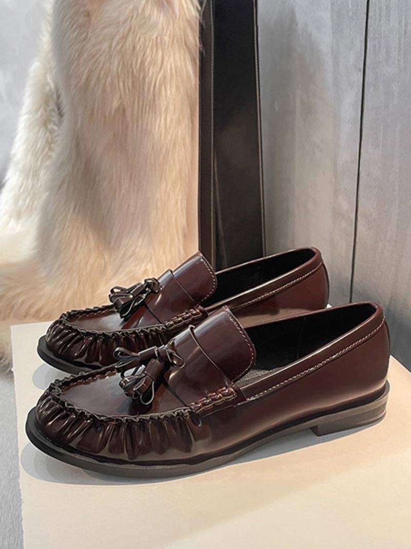 Μαύρα Loafers Γυναικεία Puppy Heel Slip On Με Φούντες - Βουργουνδία