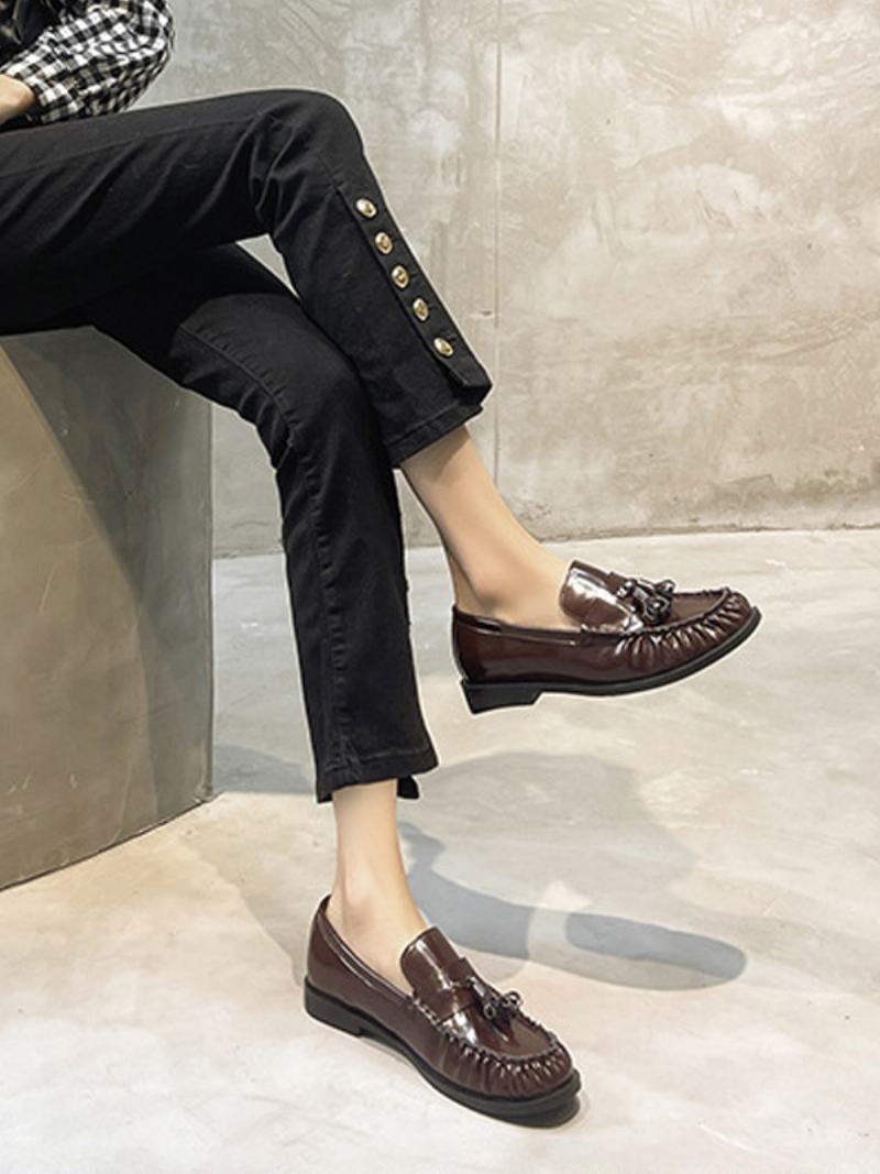 Μαύρα Loafers Γυναικεία Puppy Heel Slip On Με Φούντες - Μαύρο