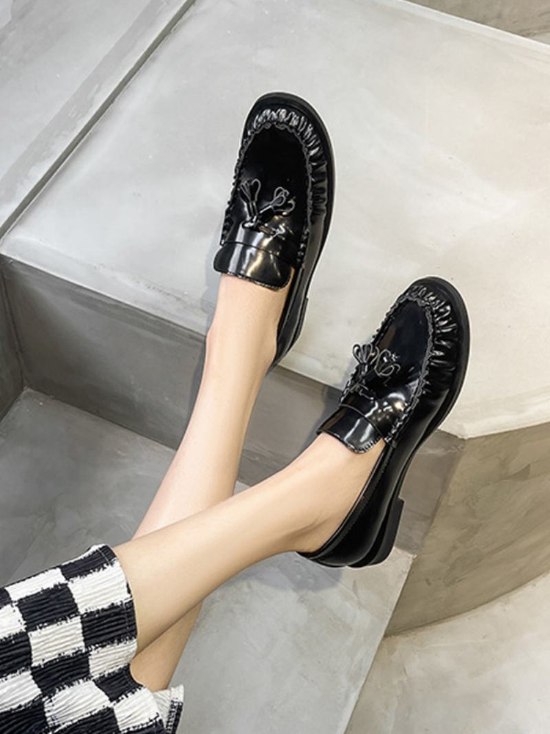 Μαύρα Loafers Γυναικεία Puppy Heel Slip On Με Φούντες - Μαύρο