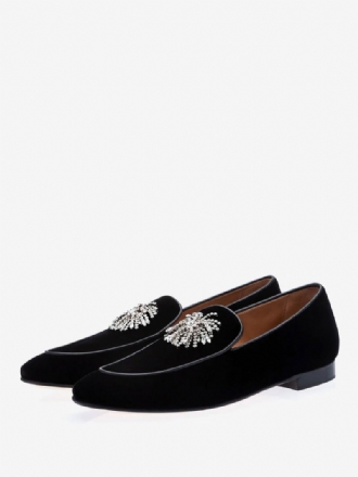 Μαύρα Suede Loafers Ανδρικά Με Στρογγυλά Δάχτυλα Glamourous Rhinestones Prom Party Γαμήλια Παπούτσια