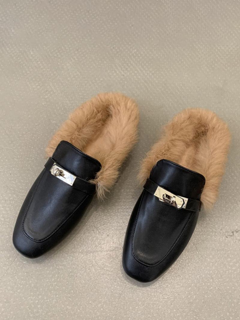 Μαύρα Γυναικεία Loafers Faux Fur Metal Details Slip On