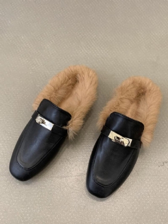 Μαύρα Γυναικεία Loafers Faux Fur Metal Details Slip On