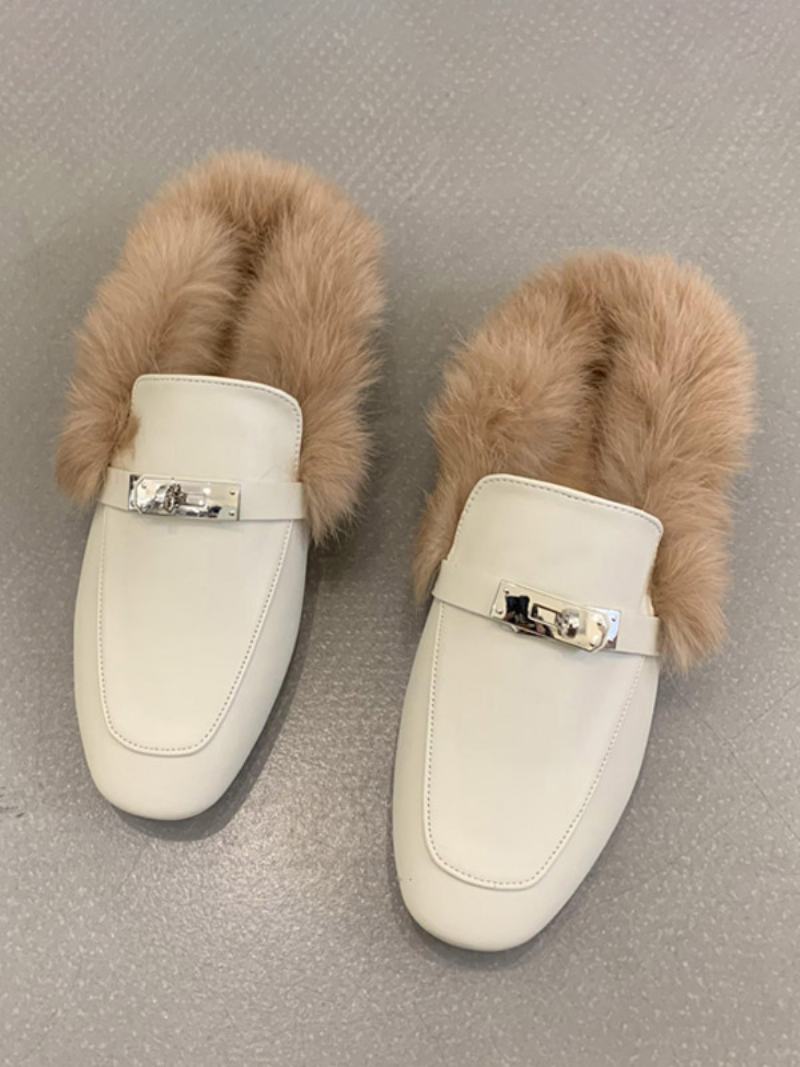 Μαύρα Γυναικεία Loafers Faux Fur Metal Details Slip On - Ανοιχτό Κίτρινο