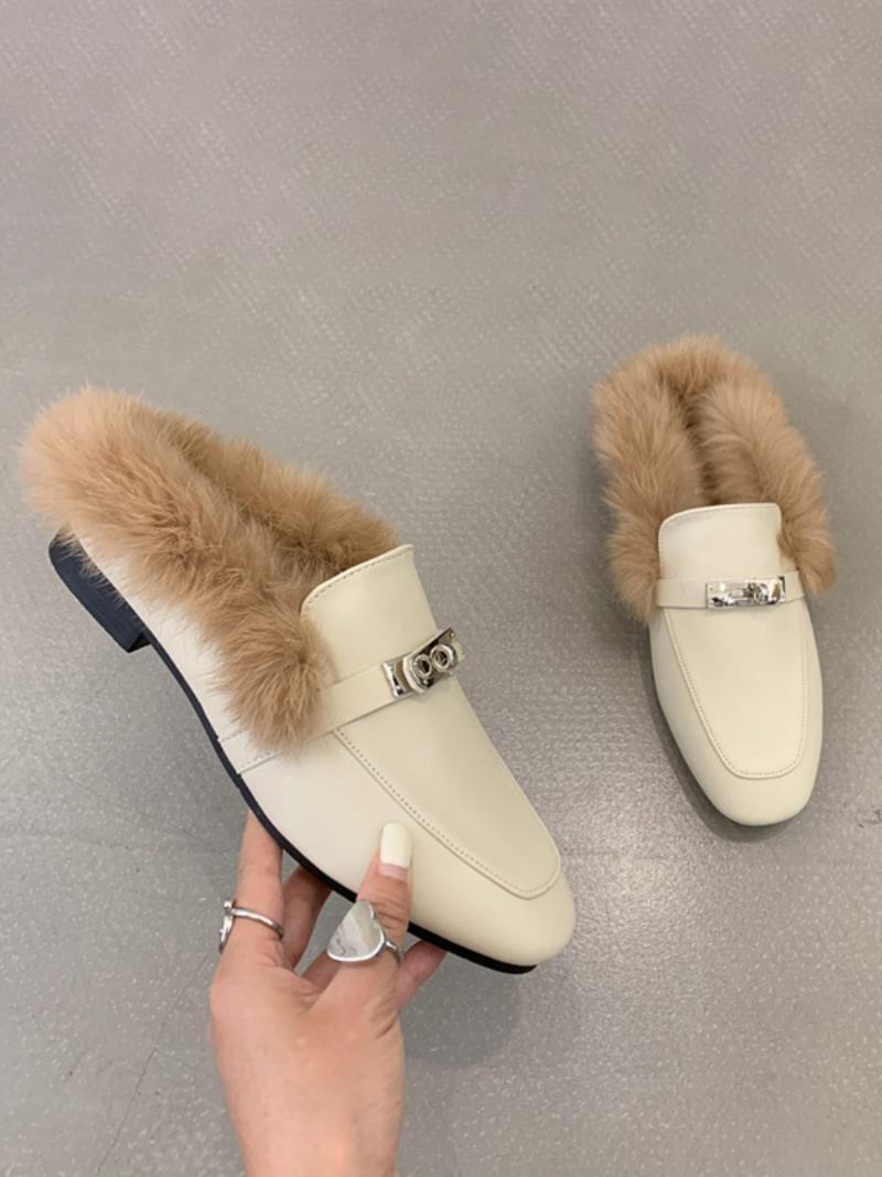 Μαύρα Γυναικεία Loafers Faux Fur Metal Details Slip On - Ανοιχτό Κίτρινο