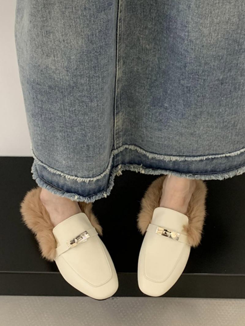 Μαύρα Γυναικεία Loafers Faux Fur Metal Details Slip On - Ανοιχτό Κίτρινο