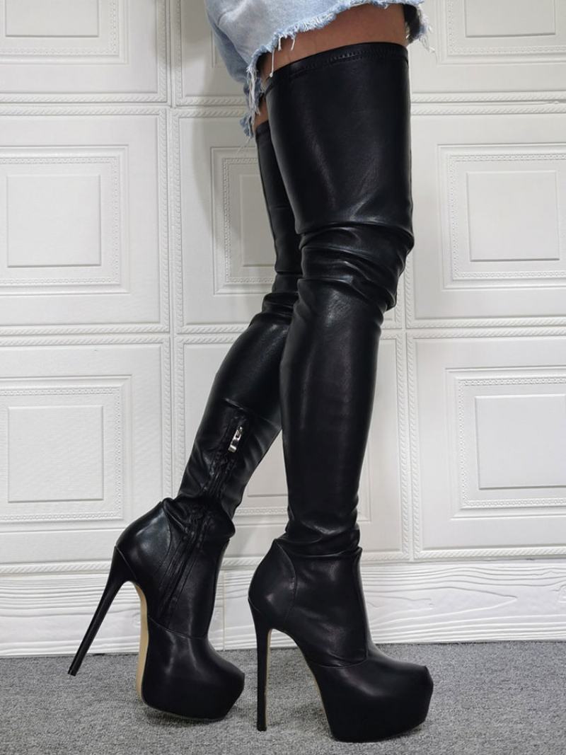 Μαύρες Σέξι Μπότες Γυναικείες Πλατφόρμα Stiletto Heel Thigh Boots Plus Size Πάνω Από Το Γόνατο - Μαύρος