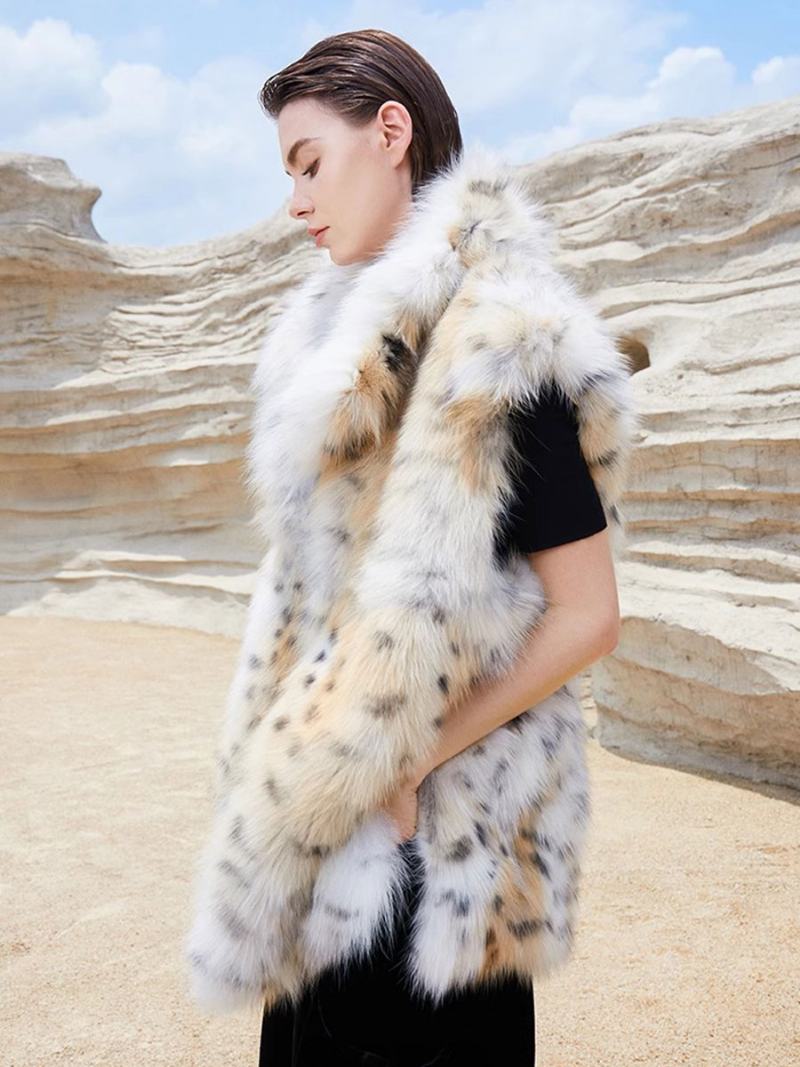 Παλτό Από Faux Γούνα Γυναικεία Αμάνικα Animal Print Oversized Χειμερινό - Κίτρινος