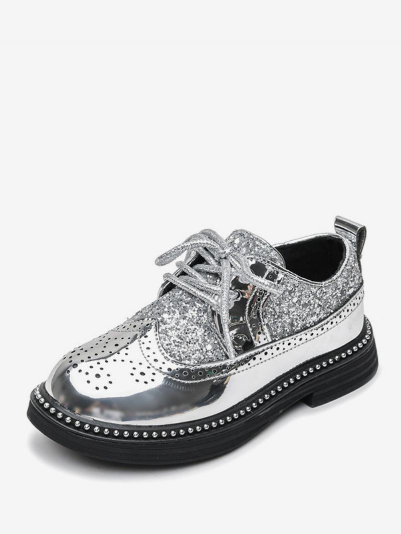 Παπούτσια Για Αγόρια Φόρεμα Brogue Black Glitter Με Στρογγυλά Δάχτυλα Κορδόνια Επίσημα Πάρτι - Ασημί