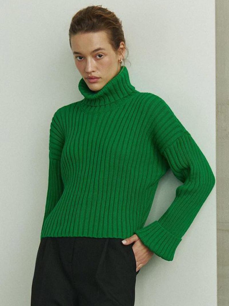 Πουλόβερ Polo Neck Drop Shoulder Μονόχρωμα Γυναικεία - Πράσινο