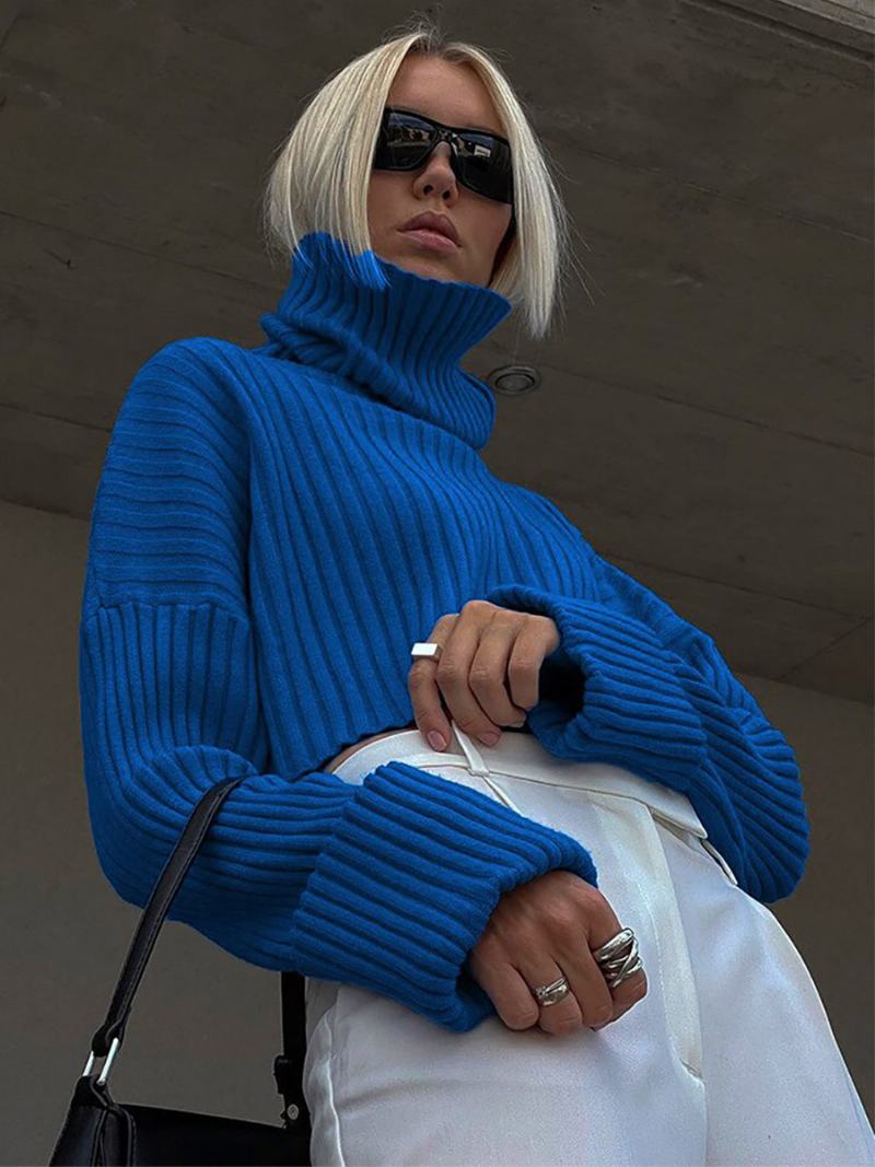 Πουλόβερ Polo Neck Drop Shoulder Μονόχρωμα Γυναικεία - Μπλε