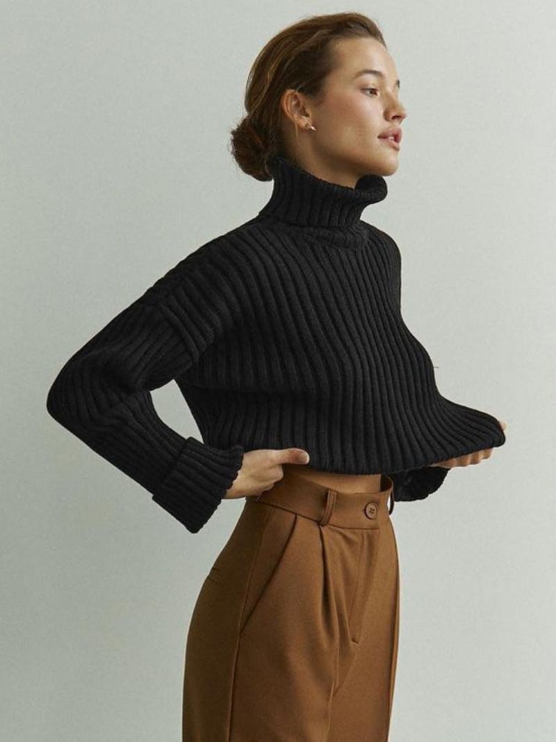 Πουλόβερ Polo Neck Drop Shoulder Μονόχρωμα Γυναικεία - Μαύρο