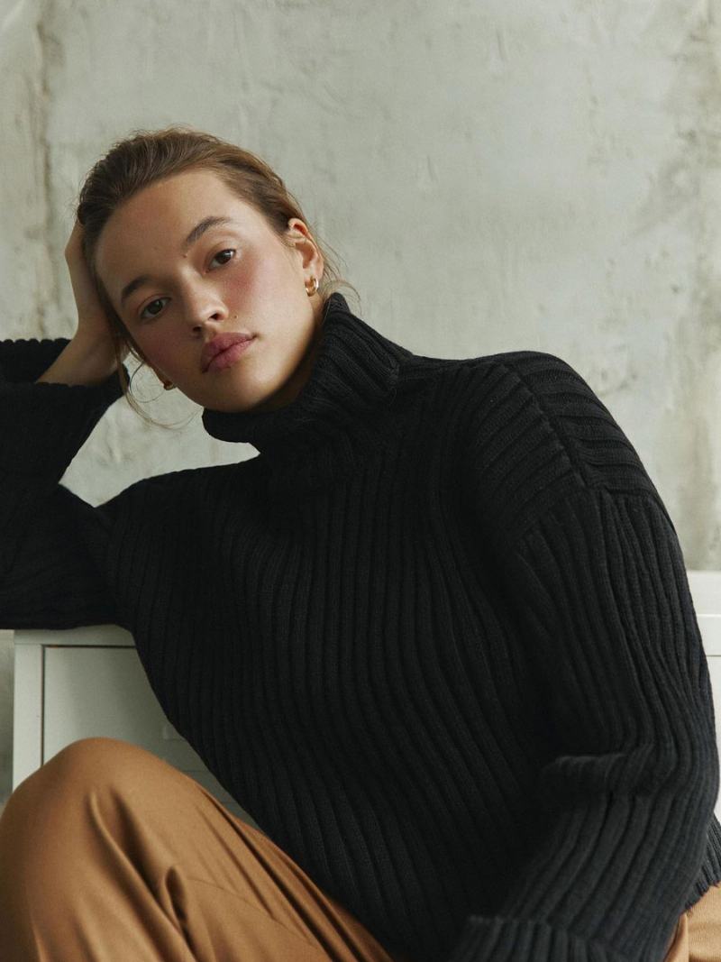 Πουλόβερ Polo Neck Drop Shoulder Μονόχρωμα Γυναικεία - Μαύρο