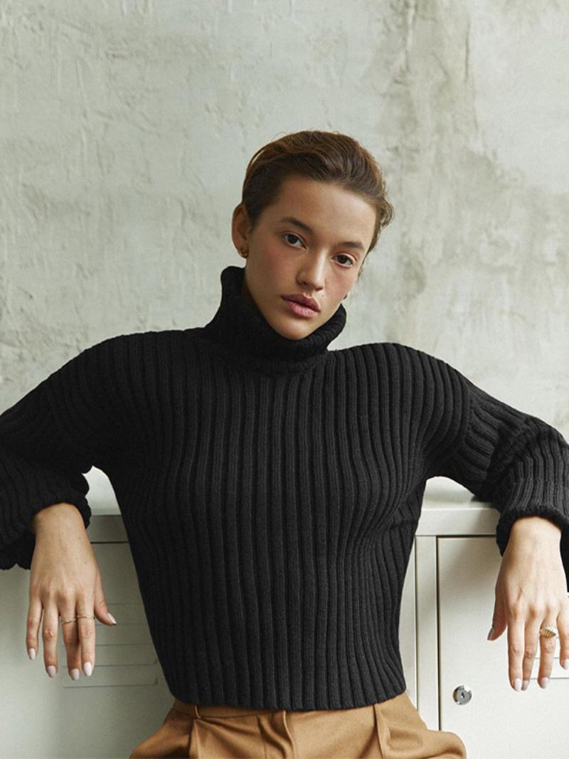 Πουλόβερ Polo Neck Drop Shoulder Μονόχρωμα Γυναικεία - Μαύρο