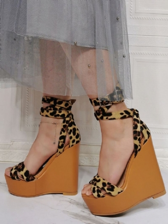 Σέξι Γυναικεία Σανδάλια Leopard Micro Suede Upper Open Toe Lace Up Wedge Heel