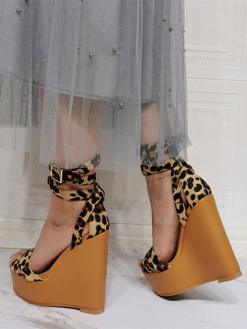 Σέξι Γυναικεία Σανδάλια Leopard Micro Suede Upper Open Toe Lace Up Wedge Heel - Λεοπάρδαλη