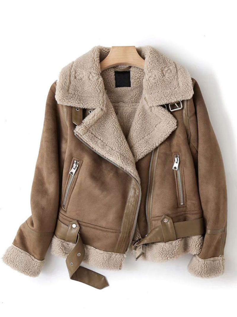 Σουέντ Μπουφάν Faux Shearling Χειμερινό Παλτό Εξωτερικά Ρούχα Για Γυναίκες - Χακί