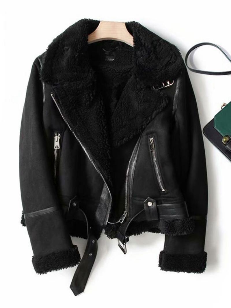 Σουέντ Μπουφάν Faux Shearling Χειμερινό Παλτό Εξωτερικά Ρούχα Για Γυναίκες - Μαύρο