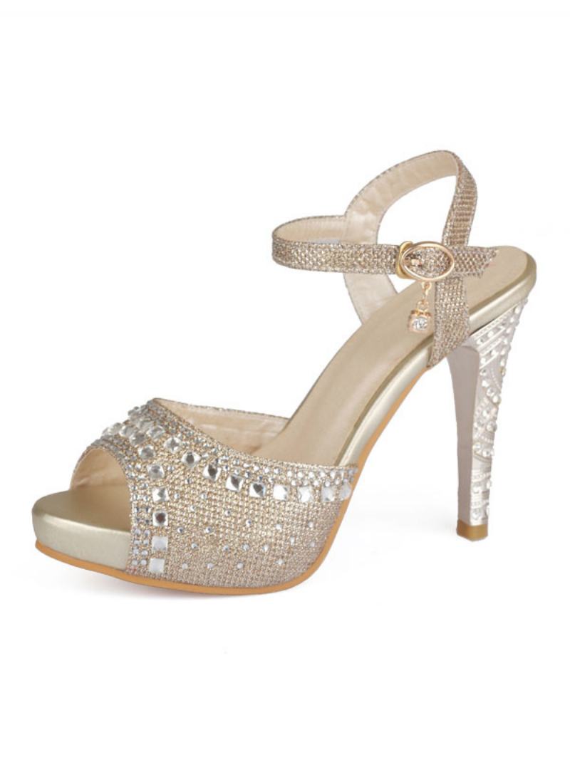 Χρυσά Βραδινά Παπούτσια Γυναικεία Peep Toe Rhinestones Ψηλοτάκουνα Σανδάλια Mother Of The Bride