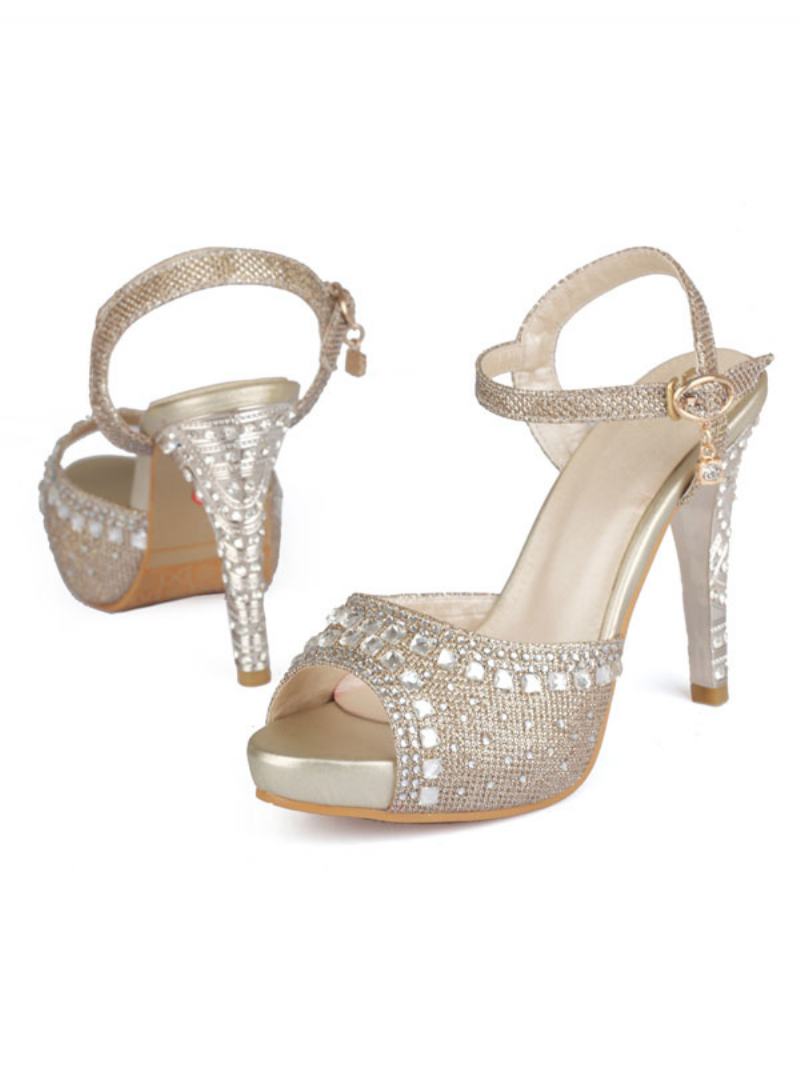 Χρυσά Βραδινά Παπούτσια Γυναικεία Peep Toe Rhinestones Ψηλοτάκουνα Σανδάλια Mother Of The Bride - Σαμπάνια