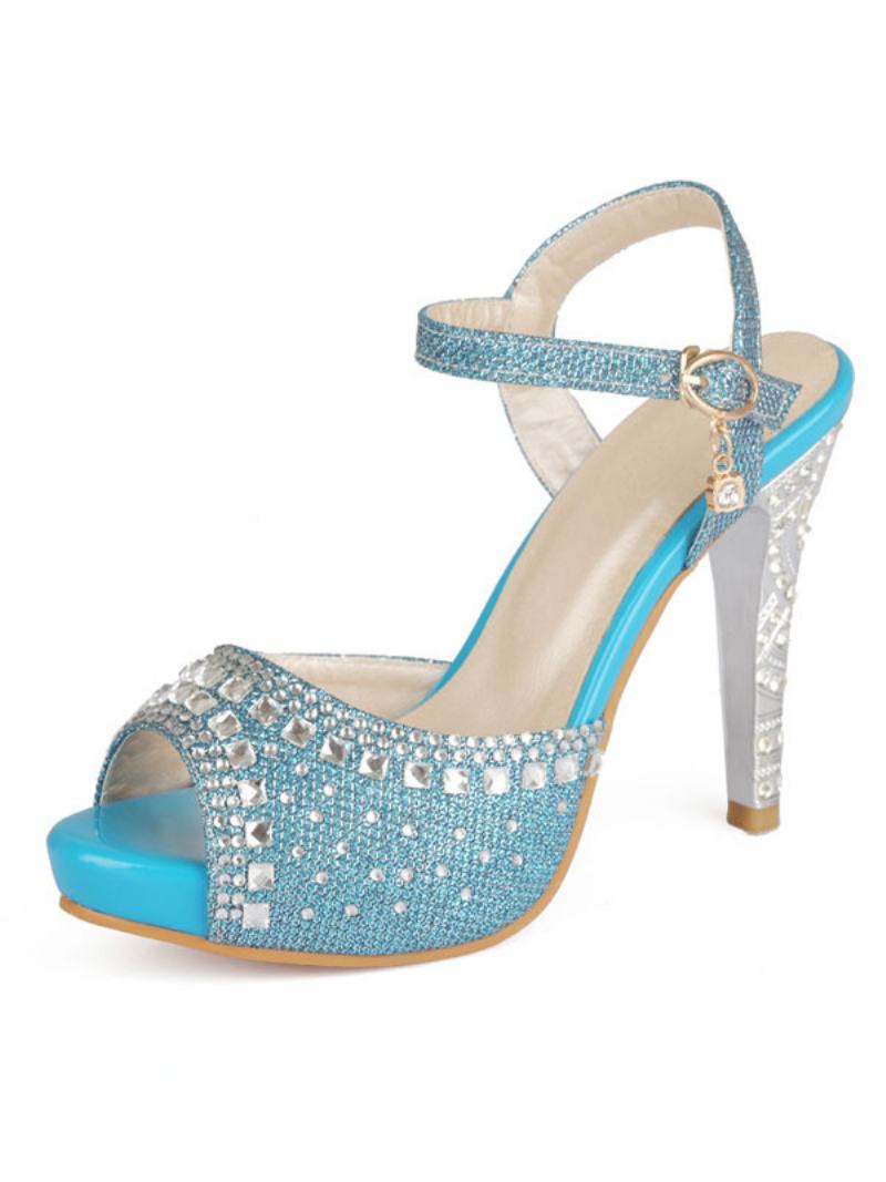 Χρυσά Βραδινά Παπούτσια Γυναικεία Peep Toe Rhinestones Ψηλοτάκουνα Σανδάλια Mother Of The Bride - Μπλε