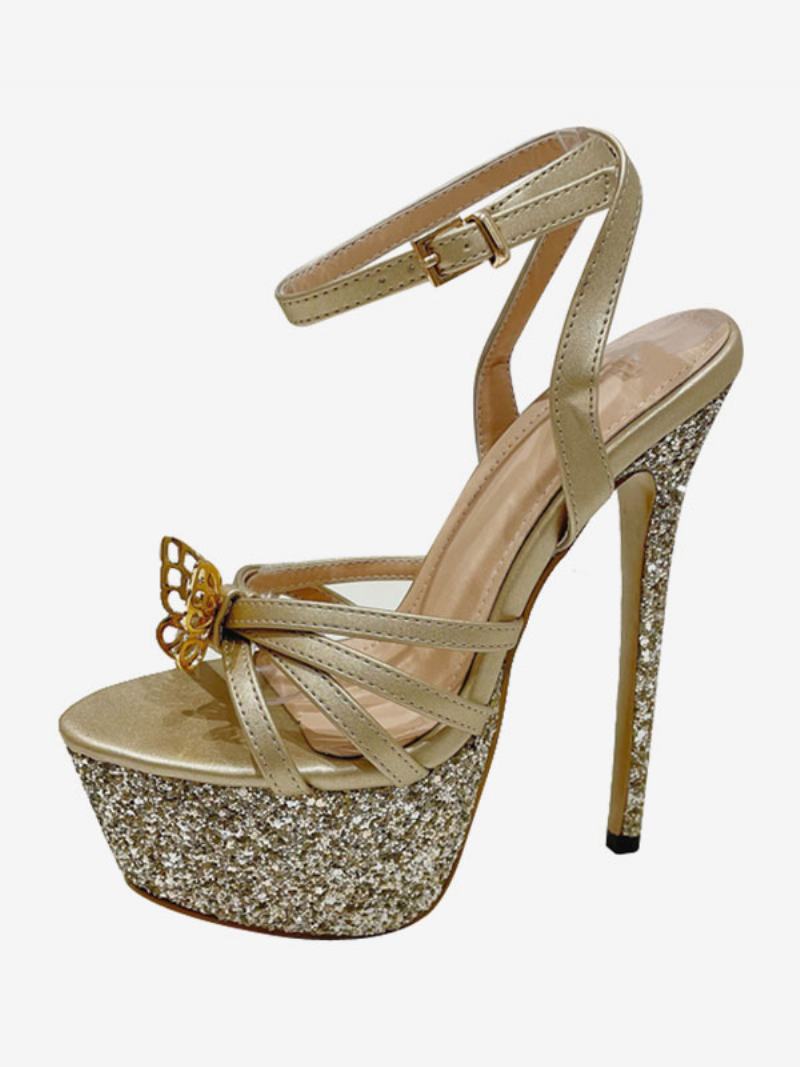 Ψηλοτάκουνα Πέδιλα Gold Pu Δερμάτινα Peep Toe Prom Παπούτσια Γυναικεία Για Πάρτι