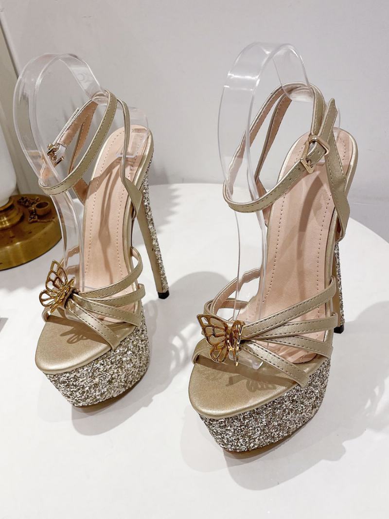 Ψηλοτάκουνα Πέδιλα Gold Pu Δερμάτινα Peep Toe Prom Παπούτσια Γυναικεία Για Πάρτι - Χρυσός