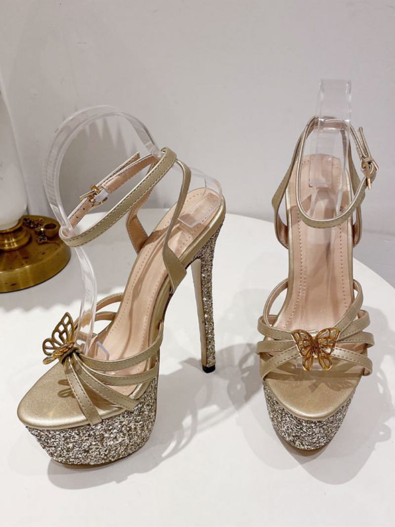 Ψηλοτάκουνα Πέδιλα Gold Pu Δερμάτινα Peep Toe Prom Παπούτσια Γυναικεία Για Πάρτι - Χρυσός